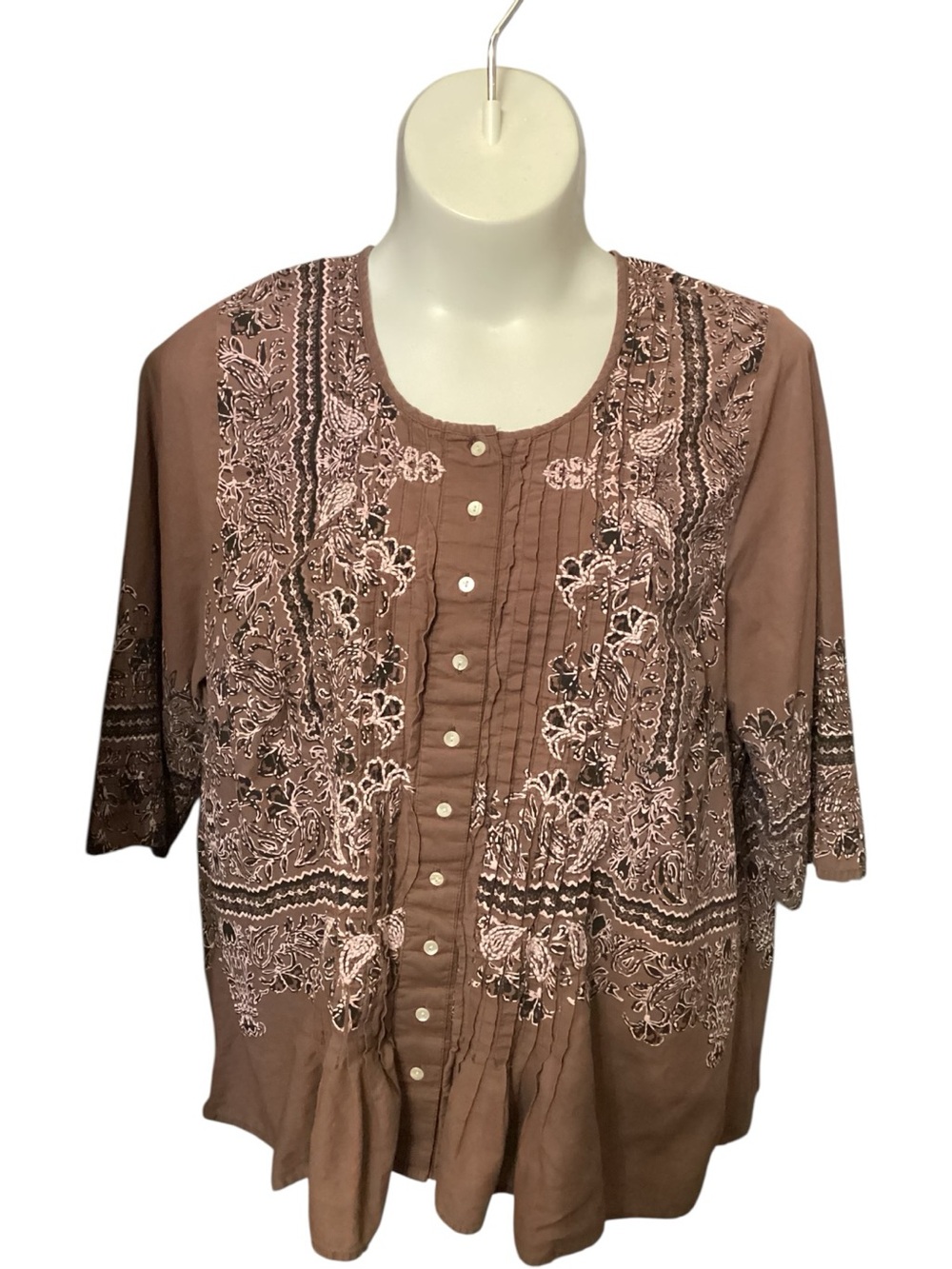 Denim 24/7 Plus Size Embroidered Brown Peasant Blouse 20W 100% Cotton - Picture 4 of 11